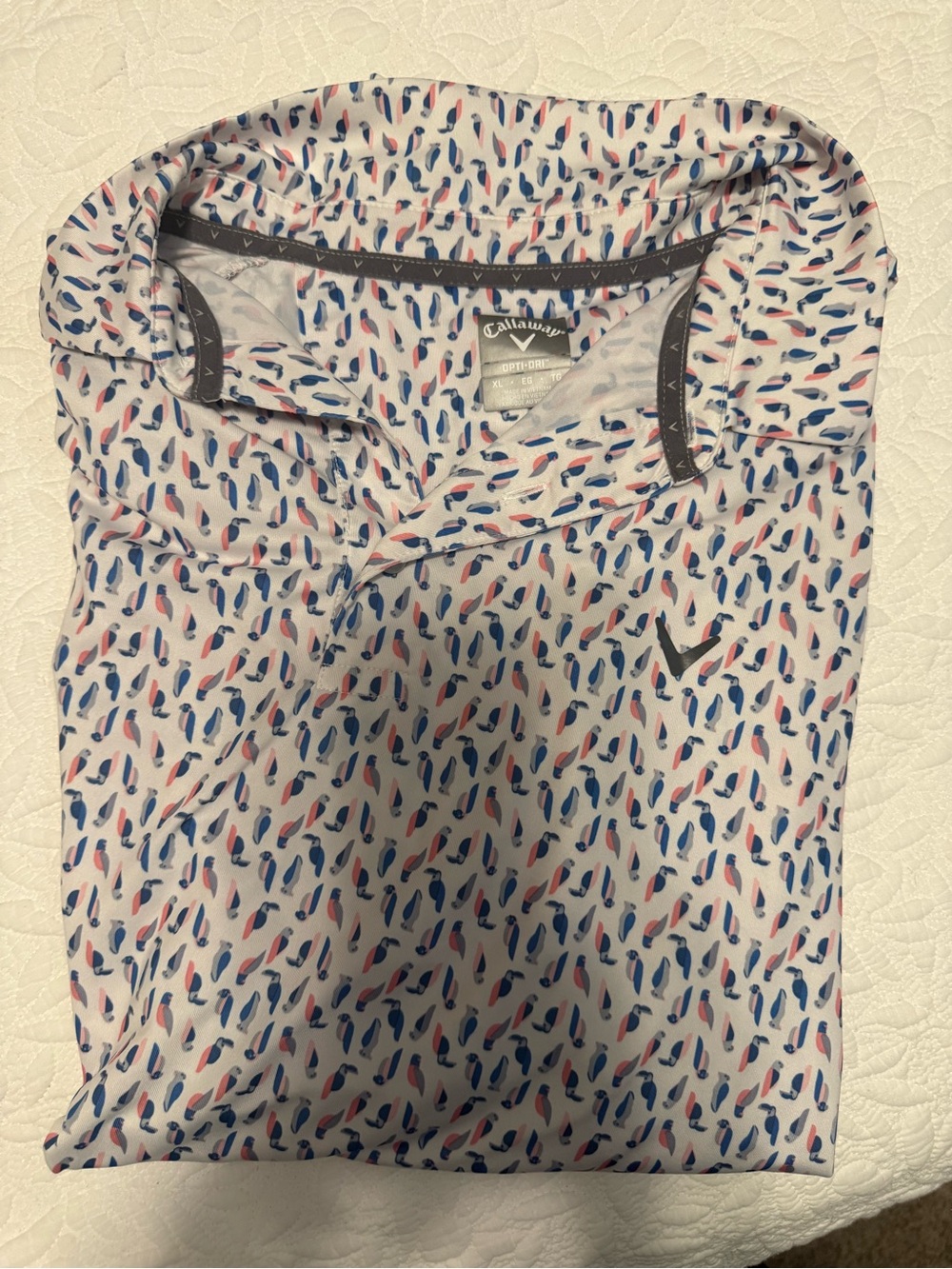 Callaway Men’s White Polo with Blue & Pink Bird Motif